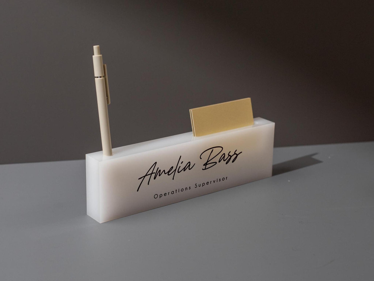Personalized Acrylic Name Block w/ Slots (D5) - Optional Wood Base, Minimal Executive Teacher Desk Decor, New Job, Desk Name Plate