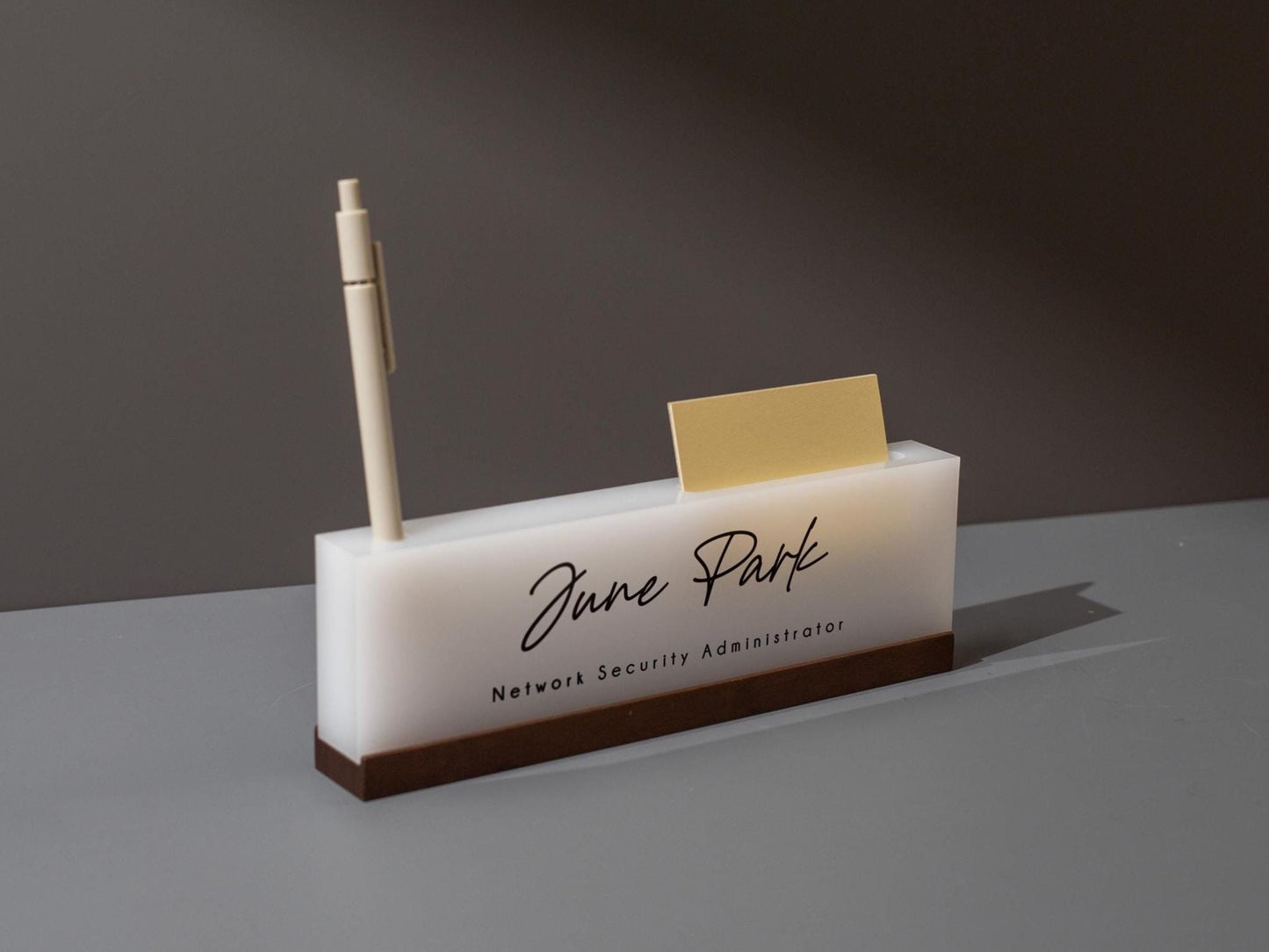 Personalized Acrylic Name Block w/ Slots (D5) - Optional Wood Base, Minimal Executive Teacher Desk Decor, New Job, Desk Name Plate