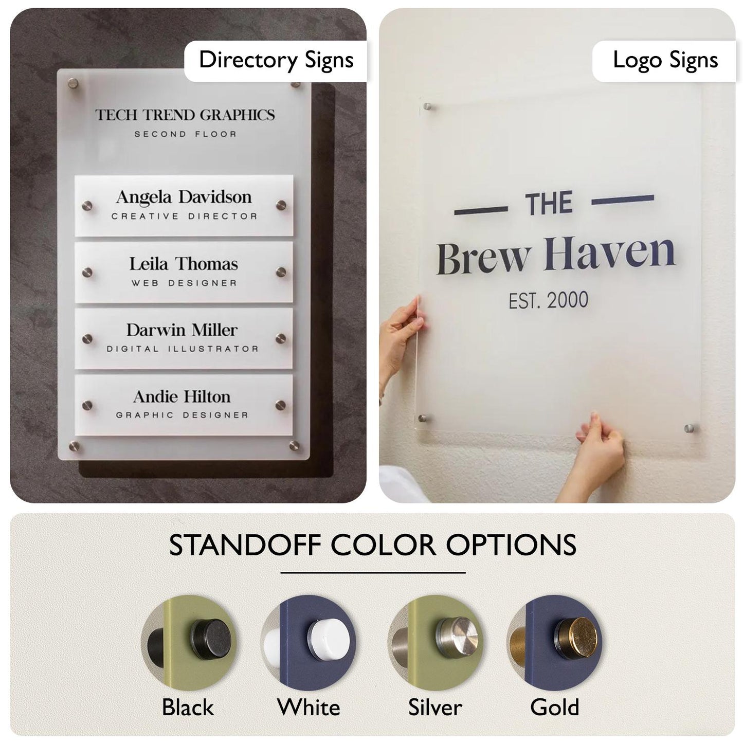 4pc Stand-offs for Wall Signs - 4x Set, Hardware Included, Acrylic Sign Replacement, Add-On, Available in Black, White, Silver, or Gold