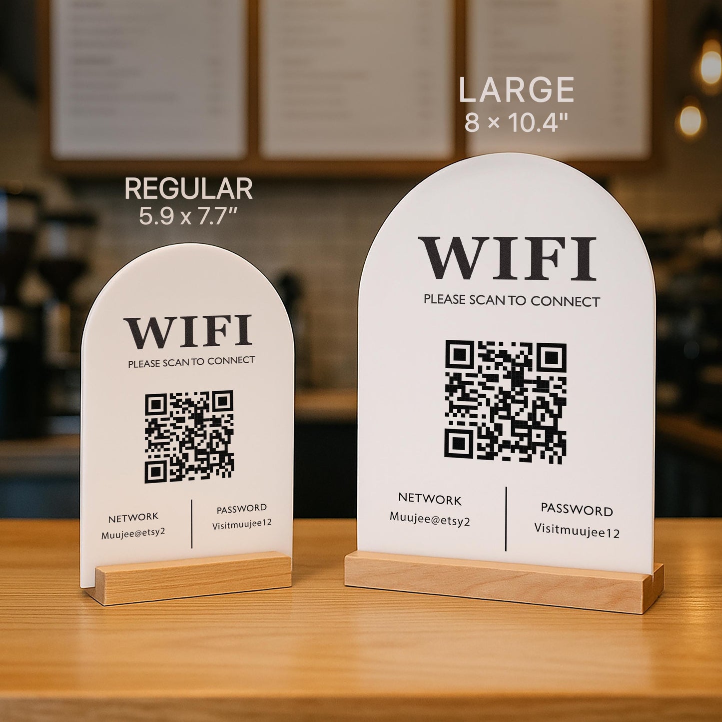 QR Code Wifi Acrylic Sign w/ Base (D3) - Scannable Wifi Table Sign Home Airbnb Rental Small Business Office Signage Salon Spa Clinic 6x7.75"
