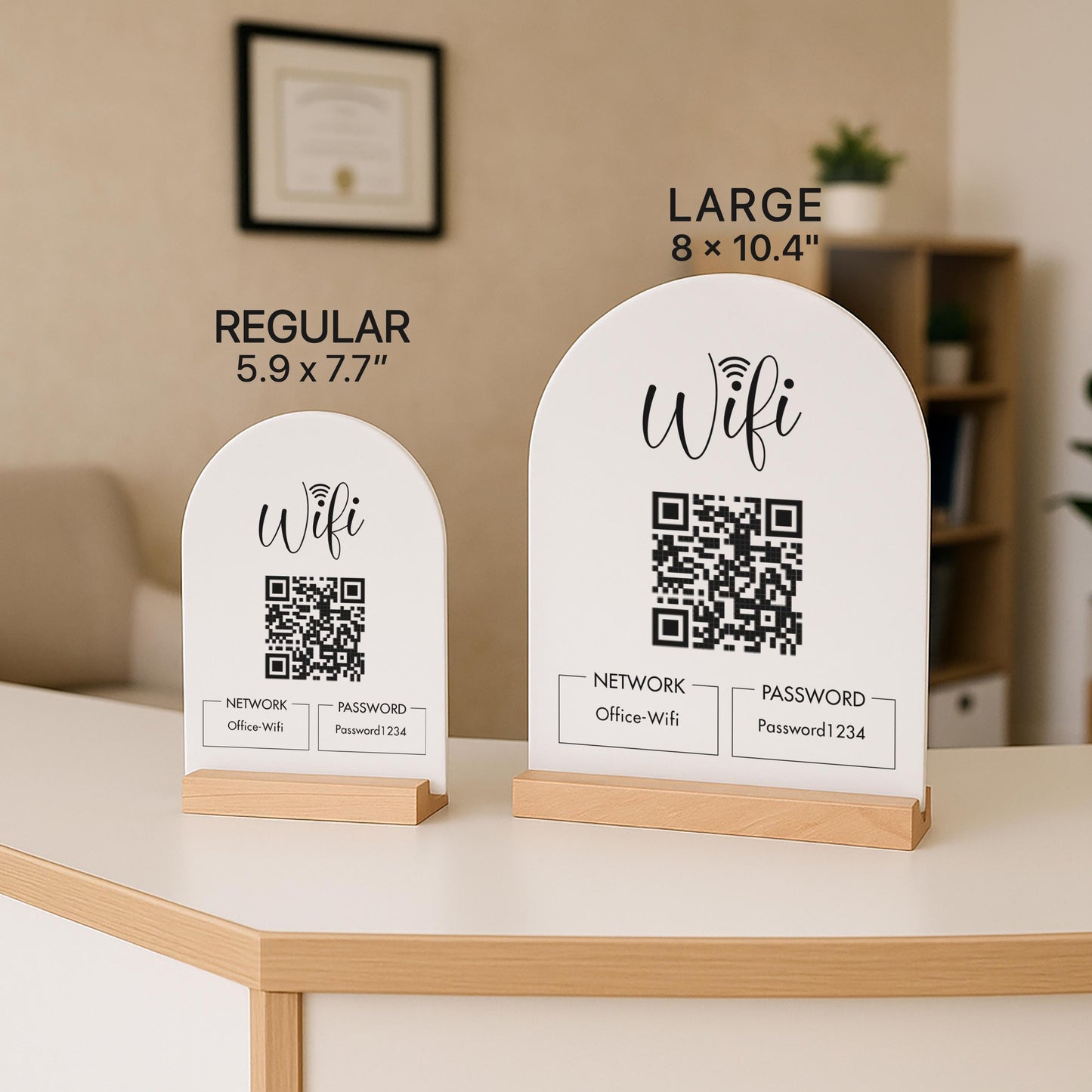 QR Code Wifi Acrylic Sign w/ Base (D4) - Scannable Wifi Table Sign Home Airbnb Rental Small Business Office Signage Salon Spa Clinic 6x7.75"