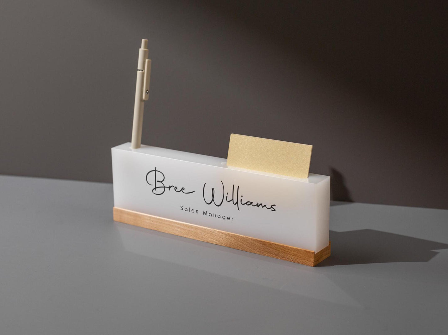 Personalized Acrylic Name Block w/ Slots (D2) - Optional Wood Base, Minimal Executive Teacher Desk Decor, New Job, Desk Name Plate