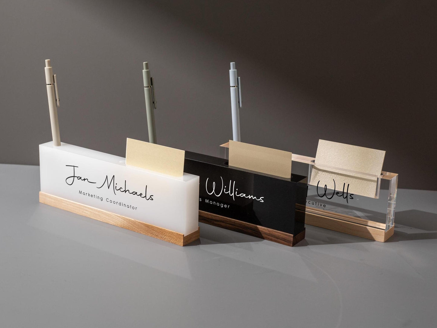 Personalized Acrylic Name Block w/ Slots (D2) - Optional Wood Base, Minimal Executive Teacher Desk Decor, New Job, Desk Name Plate