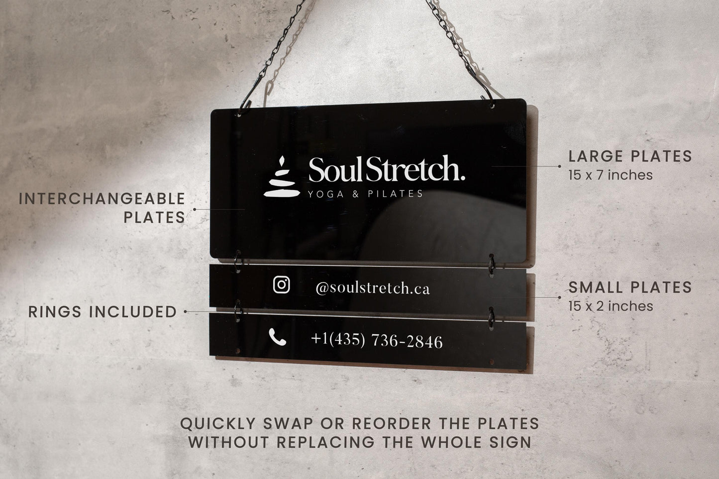Black Interchangeable Hanging Storefront Sign D2 - Customizable Office Wall Door Building Business Retail Shop Contact Hours Menu Display