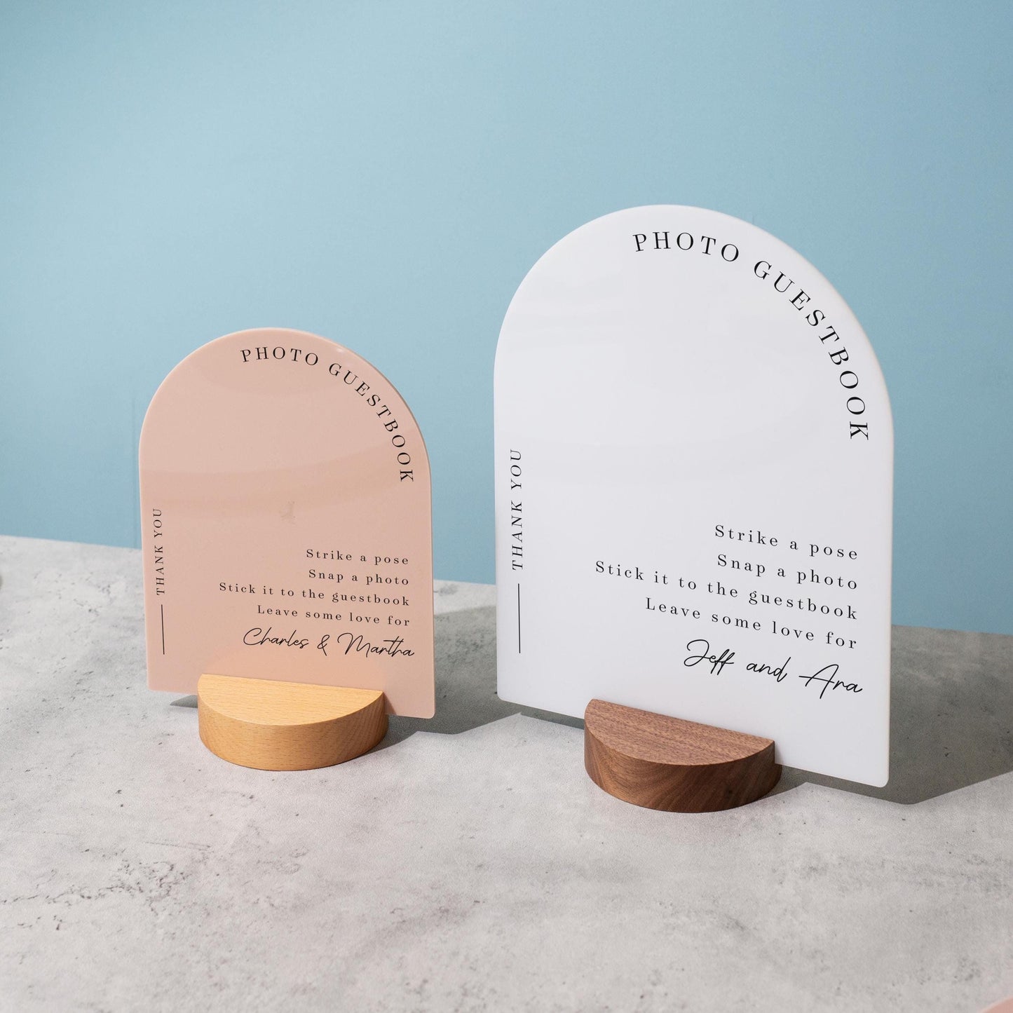 Arch Acrylic Sign w/ Round Base (D1) - Please Sign Our Photo Guestbook Table Decor Signage, Polaroid Photobooth Display Instructions Stand