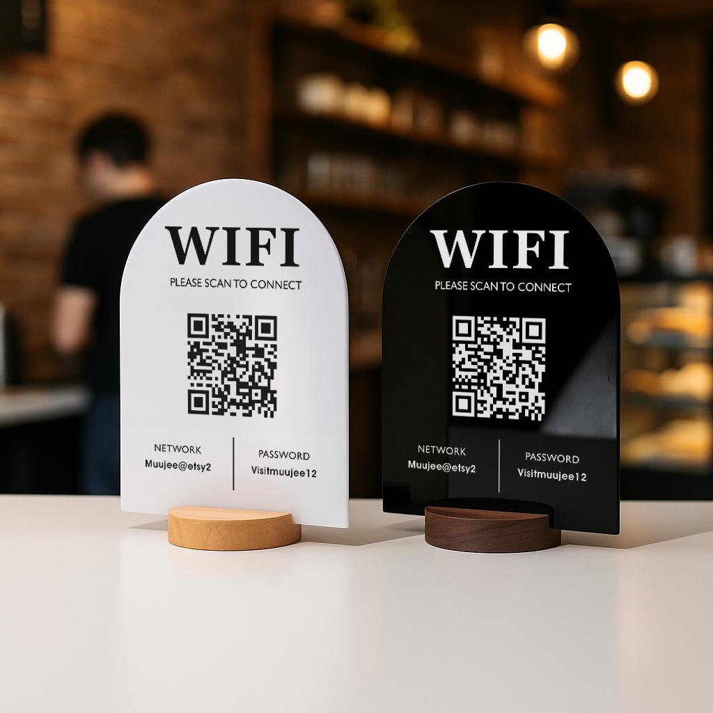 QR Code Wifi Arch Acrylic Sign w/ Round Base (D3) - Scannable Wifi Table Sign Home Airbnb Rental Small Business Office Salon Clinic 6x7.75"