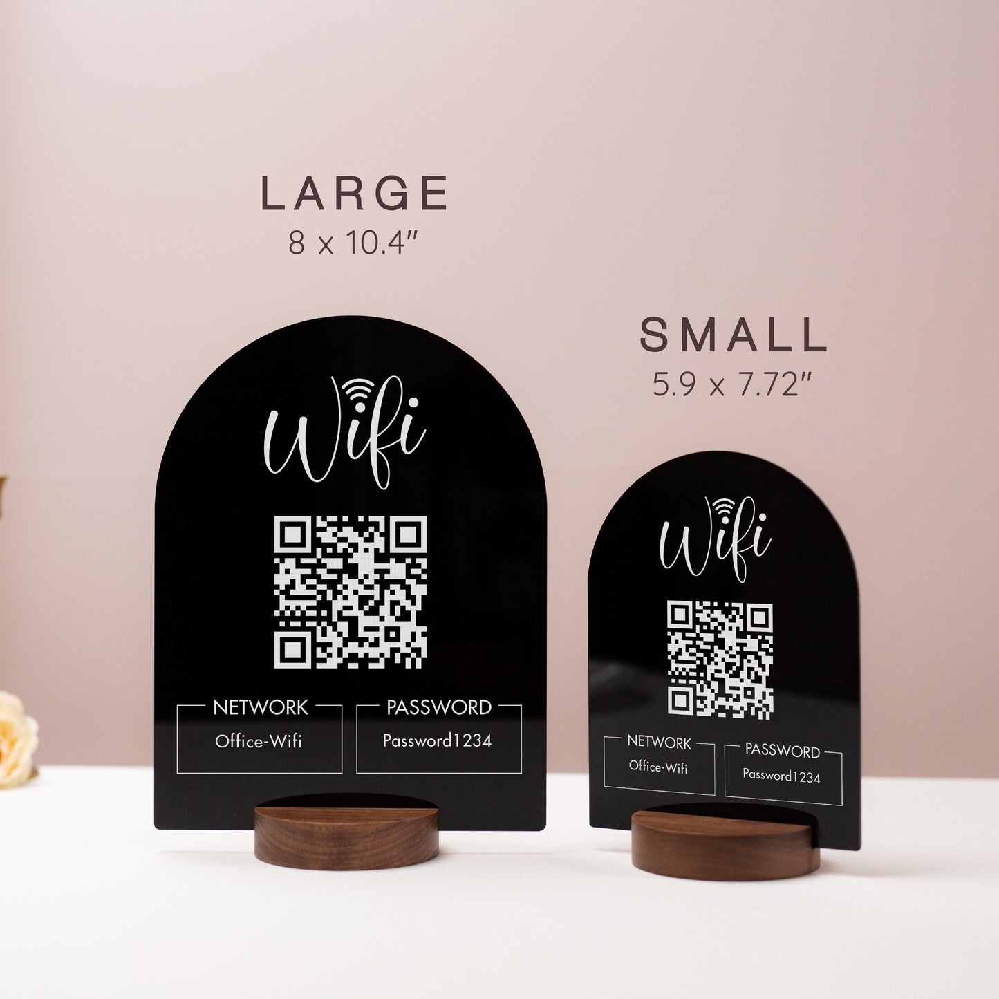 QR Code Wifi Arch Acrylic Sign w/ Round Base (D4) - Scannable Wifi Table Sign Home Airbnb Rental Small Business Office Salon Spa Clinic