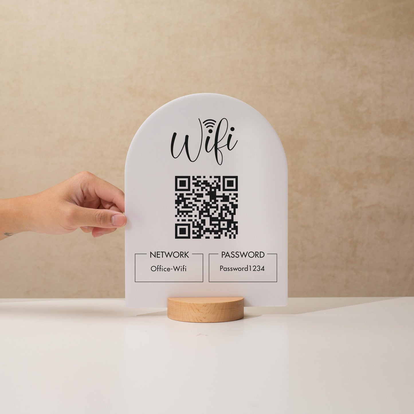 QR Code Wifi Arch Acrylic Sign w/ Round Base (D4) - Scannable Wifi Table Sign Home Airbnb Rental Small Business Office Salon Spa Clinic