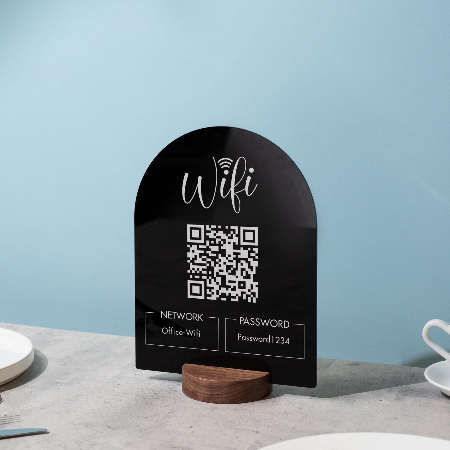 QR Code Wifi Arch Acrylic Sign w/ Round Base (D4) - Scannable Wifi Table Sign Home Airbnb Rental Small Business Office Salon Spa Clinic
