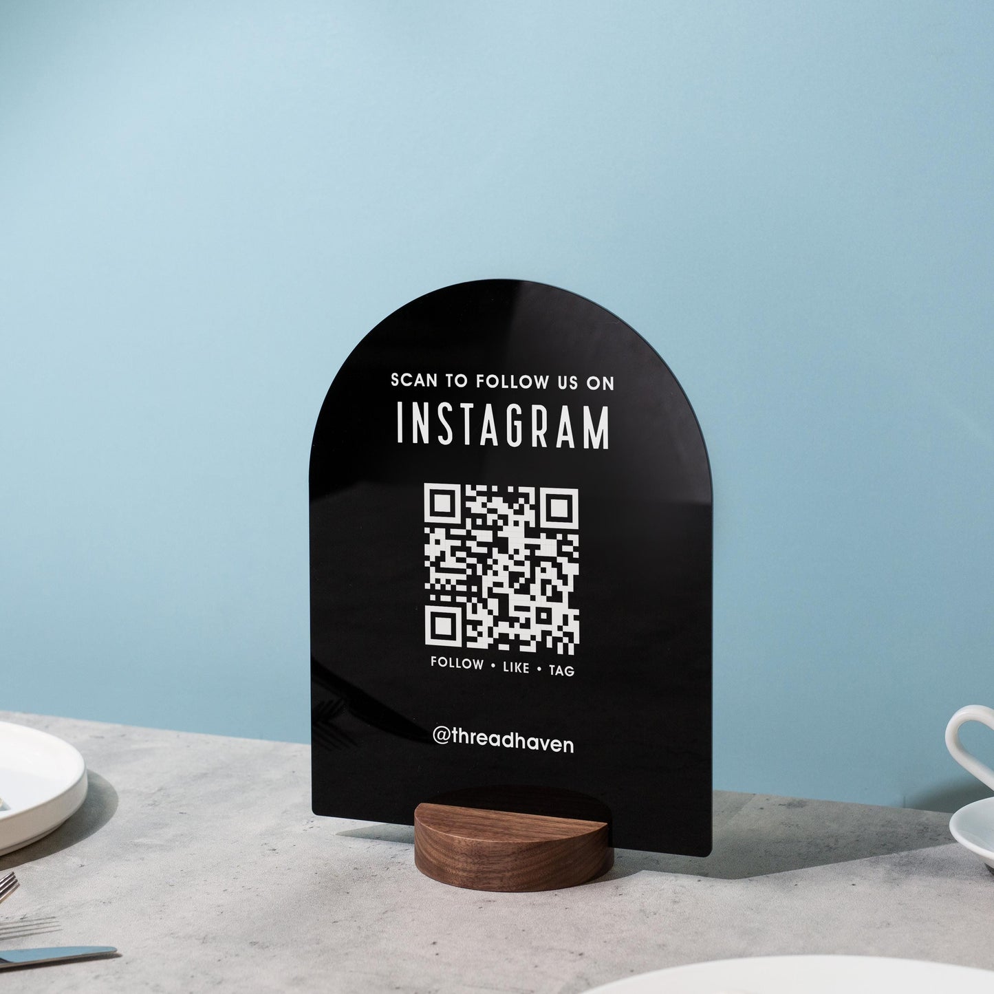 QR Arch Acrylic Sign w/ Round Base (D6) - Scannable QR Code Social Media Instagram Venmo Cashapp, Scan any Website or Business Payment App