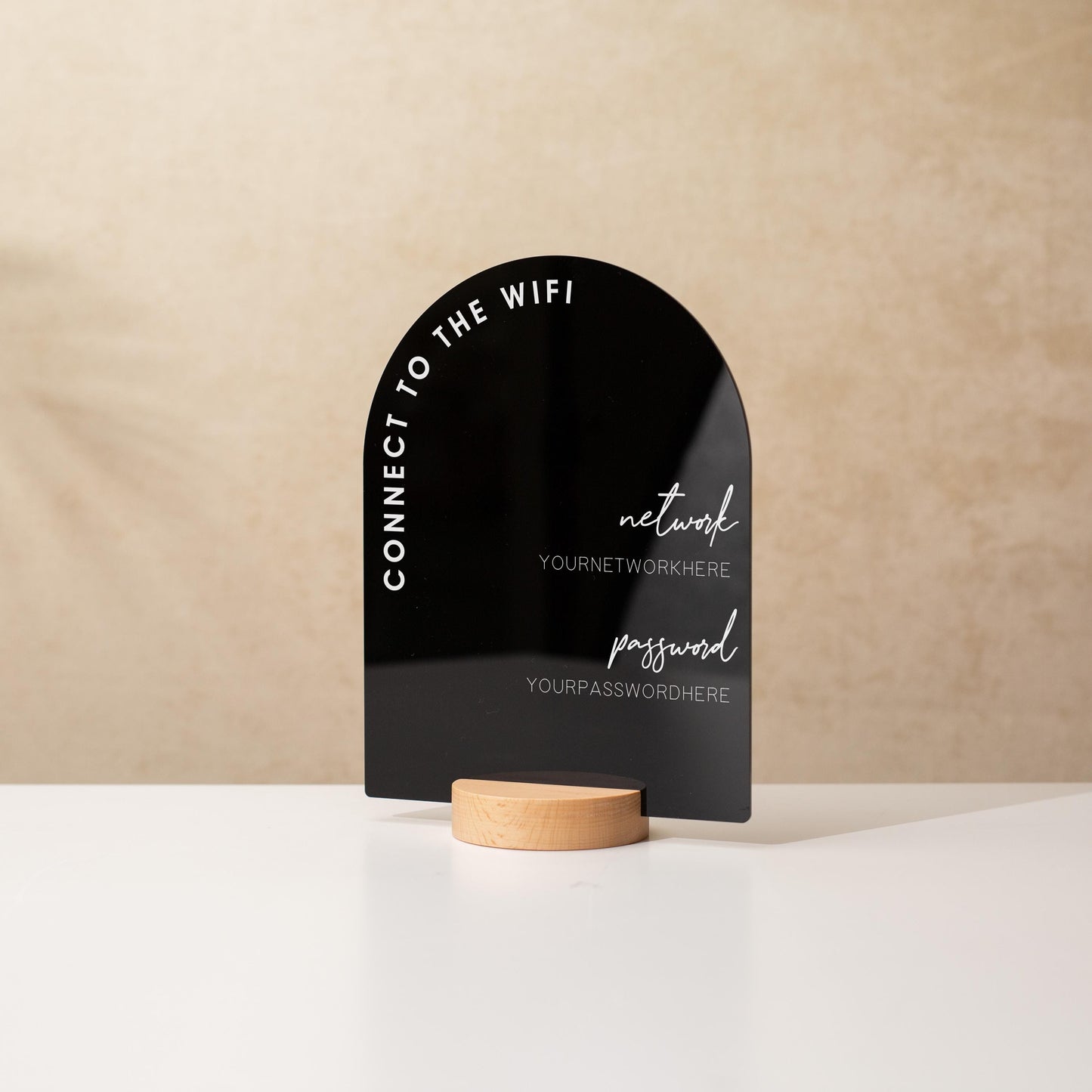 Arch Acrylic Wifi Sign w/ Round Base (D7) - Custom Wifi Password Display for Home Office Business Shop Airbnb Rental Decor Visitor Printed