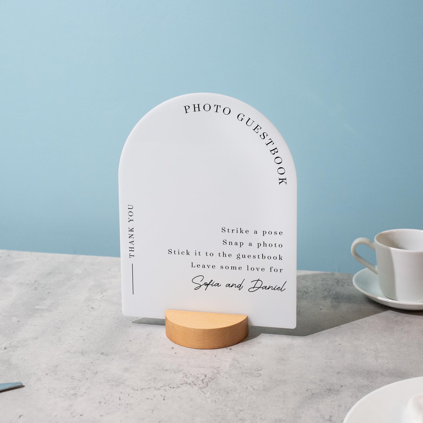 Arch Acrylic Sign w/ Round Base (D1) - Please Sign Our Photo Guestbook Table Decor Signage, Polaroid Photobooth Display Instructions Stand