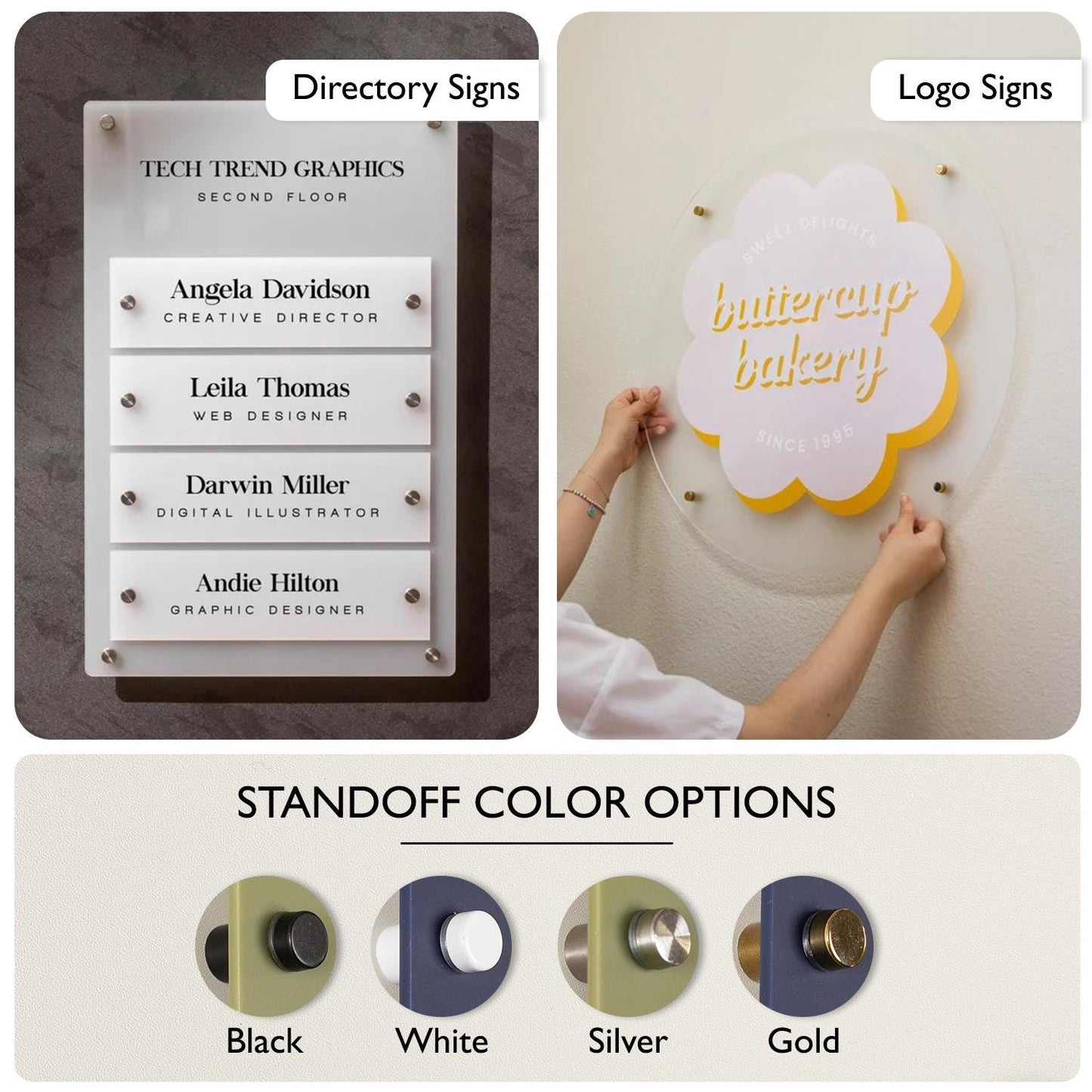 4pc Stand-offs for Wall Signs - 4x Set, Hardware Included, Acrylic Sign Replacement, Add-On, Available in Black, White, Silver, or Gold