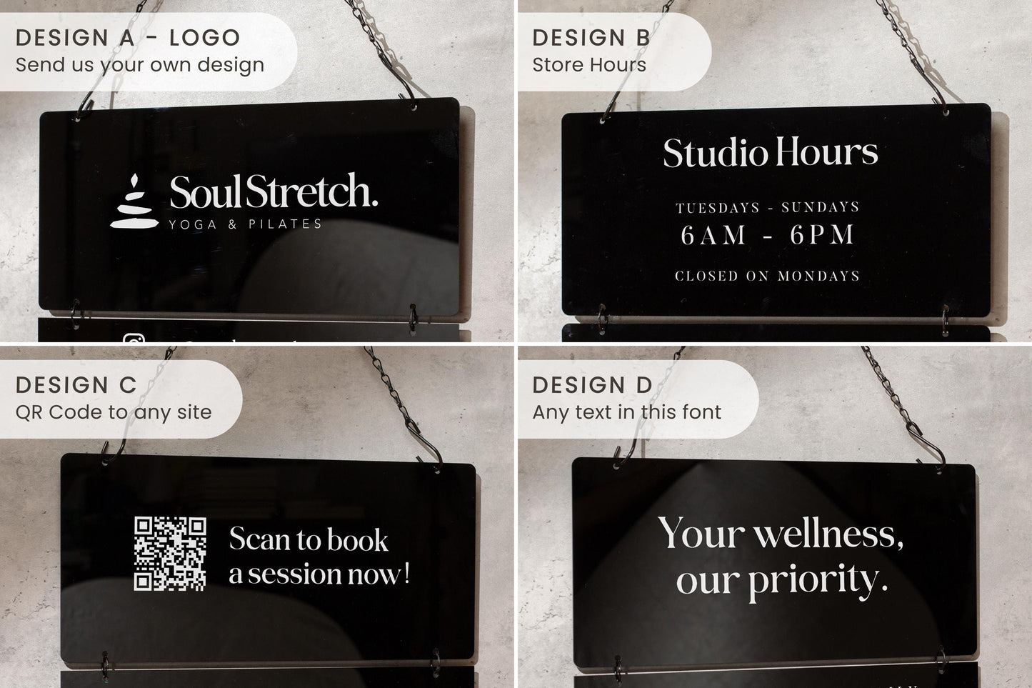 Black Interchangeable Hanging Storefront Sign D2 - Customizable Office Wall Door Building Business Retail Shop Contact Hours Menu Display