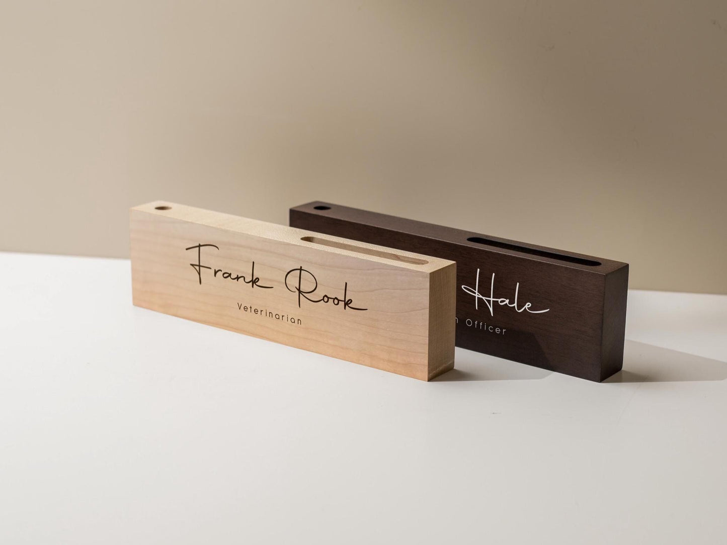 Personalized Wood Name Block w/ Slots (D2) - Minimal Executive Desk CEO Room Table Sign Job Office Decor Teacher Graduation Promotion Gift