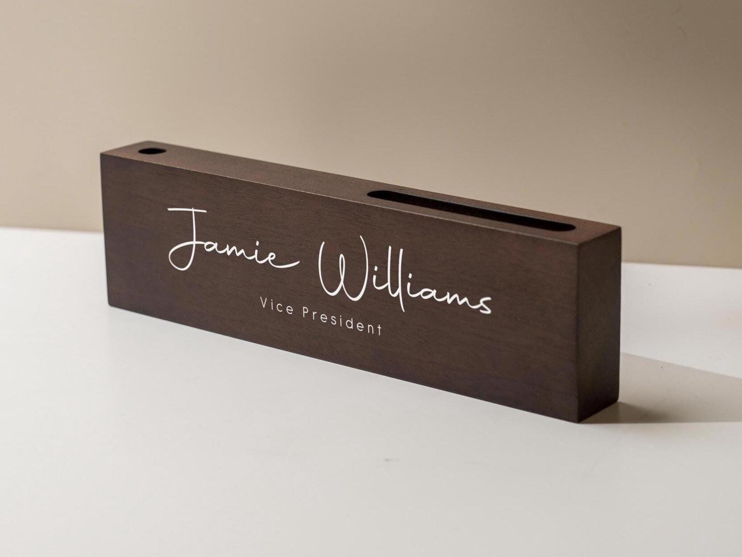 Personalized Wood Name Block w/ Slots (D2) - Minimal Executive Desk CEO Room Table Sign Job Office Decor Teacher Graduation Promotion Gift