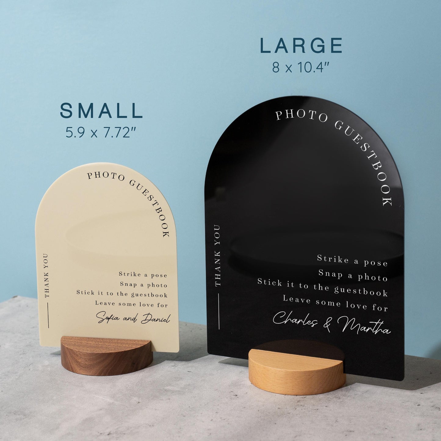 Arch Acrylic Sign w/ Round Base (D1) - Please Sign Our Photo Guestbook Table Decor Signage, Polaroid Photobooth Display Instructions Stand
