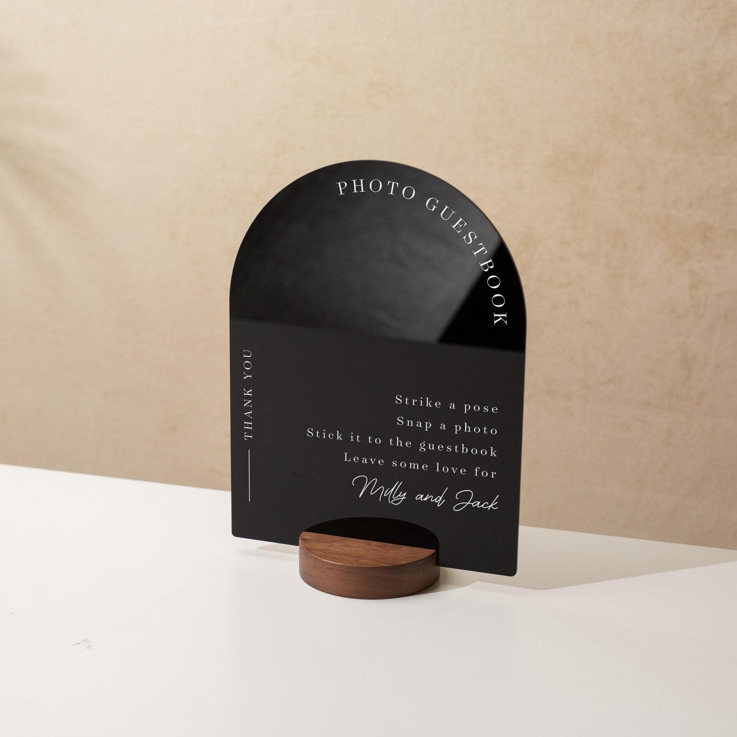 Arch Acrylic Sign w/ Round Base (D1) - Please Sign Our Photo Guestbook Table Decor Signage, Polaroid Photobooth Display Instructions Stand