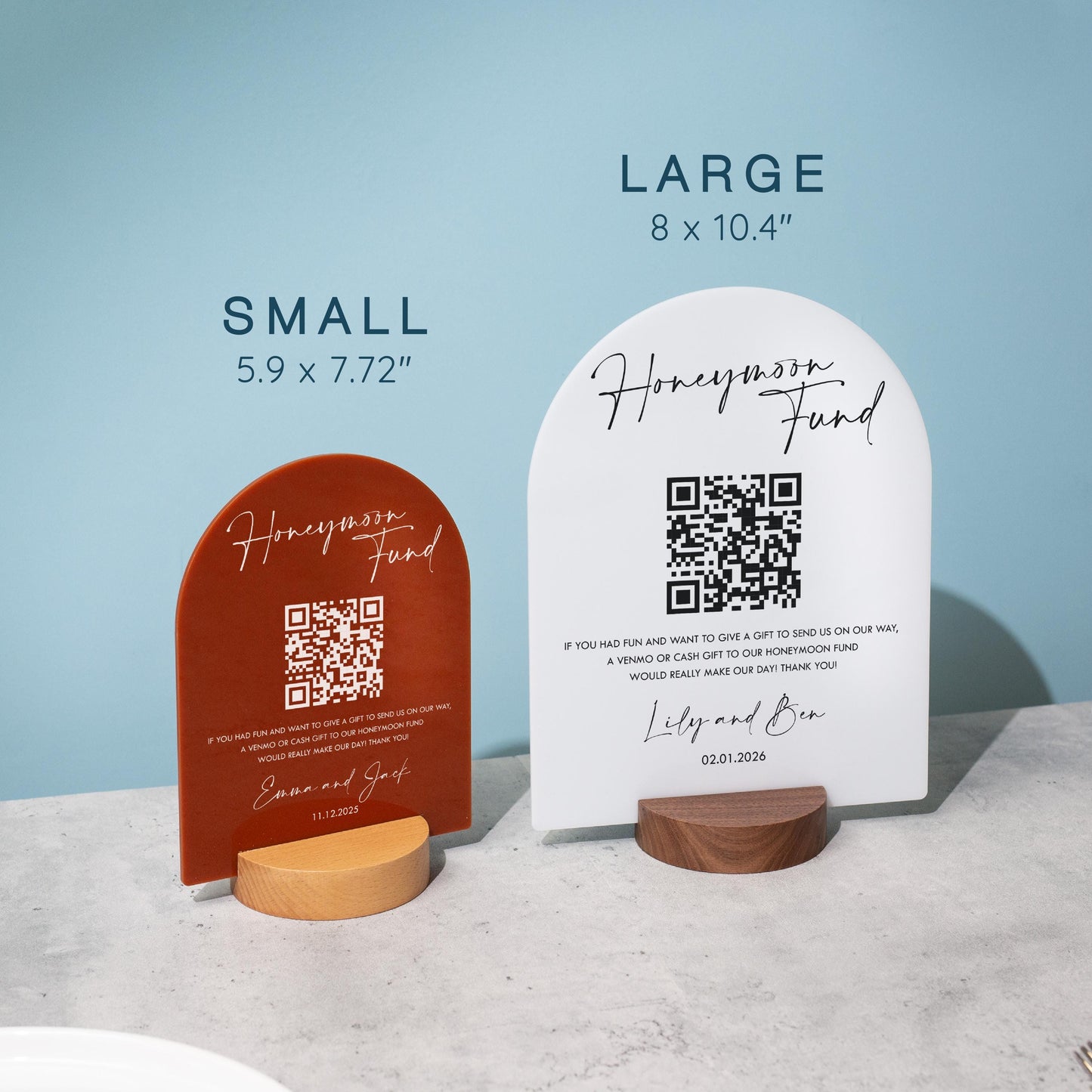 Honeymoon Fund QR Arch Acrylic Sign w/ Round Base (D2) - Scannable QR Code Venmo Zola Cashapp Donation Gifts Decor Wedding Reception Party