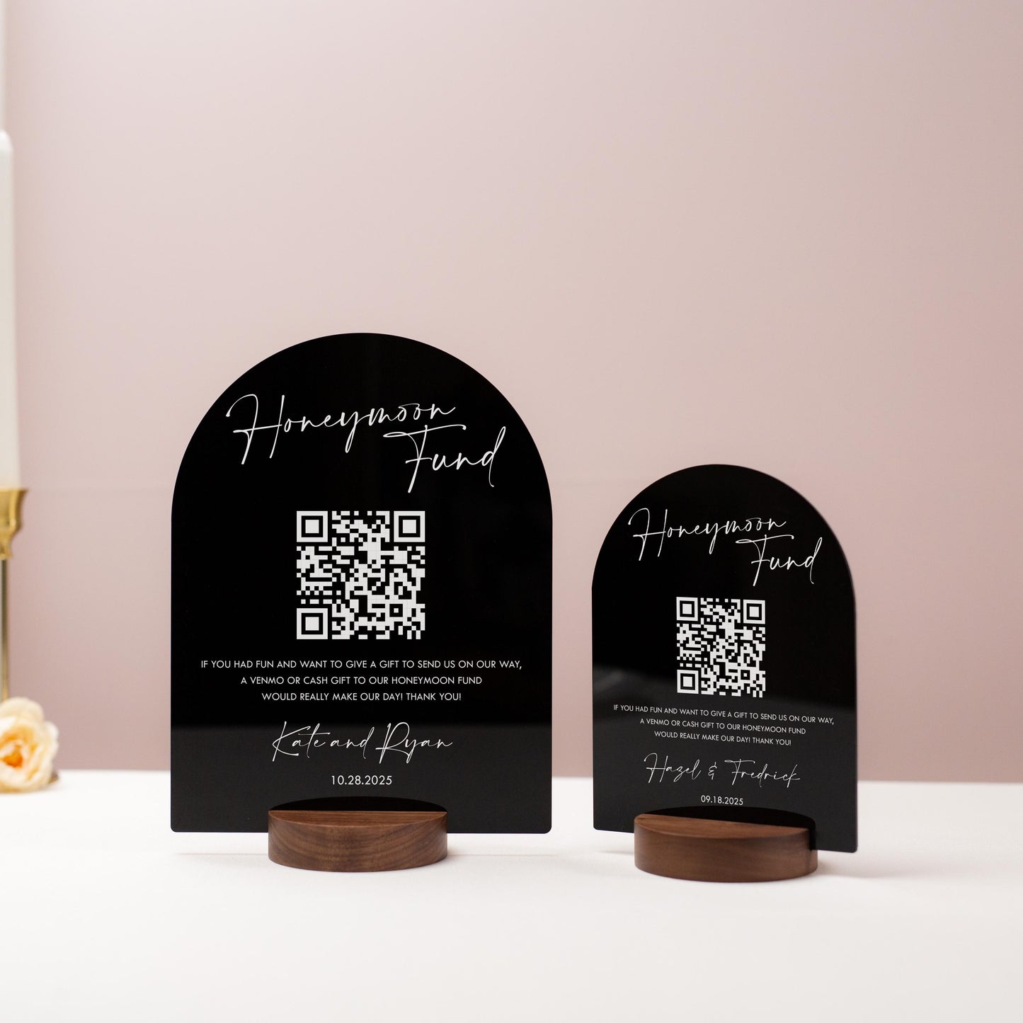 Honeymoon Fund QR Arch Acrylic Sign w/ Round Base (D2) - Scannable QR Code Venmo Zola Cashapp Donation Gifts Decor Wedding Reception Party