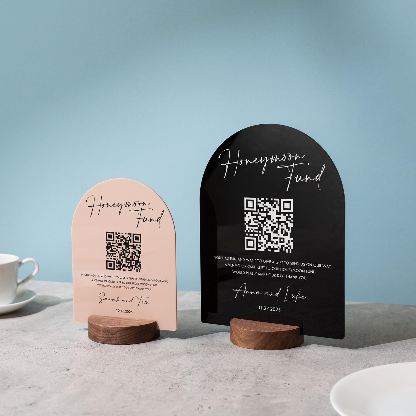 Honeymoon Fund QR Arch Acrylic Sign w/ Round Base (D2) - Scannable QR Code Venmo Zola Cashapp Donation Gifts Decor Wedding Reception Party