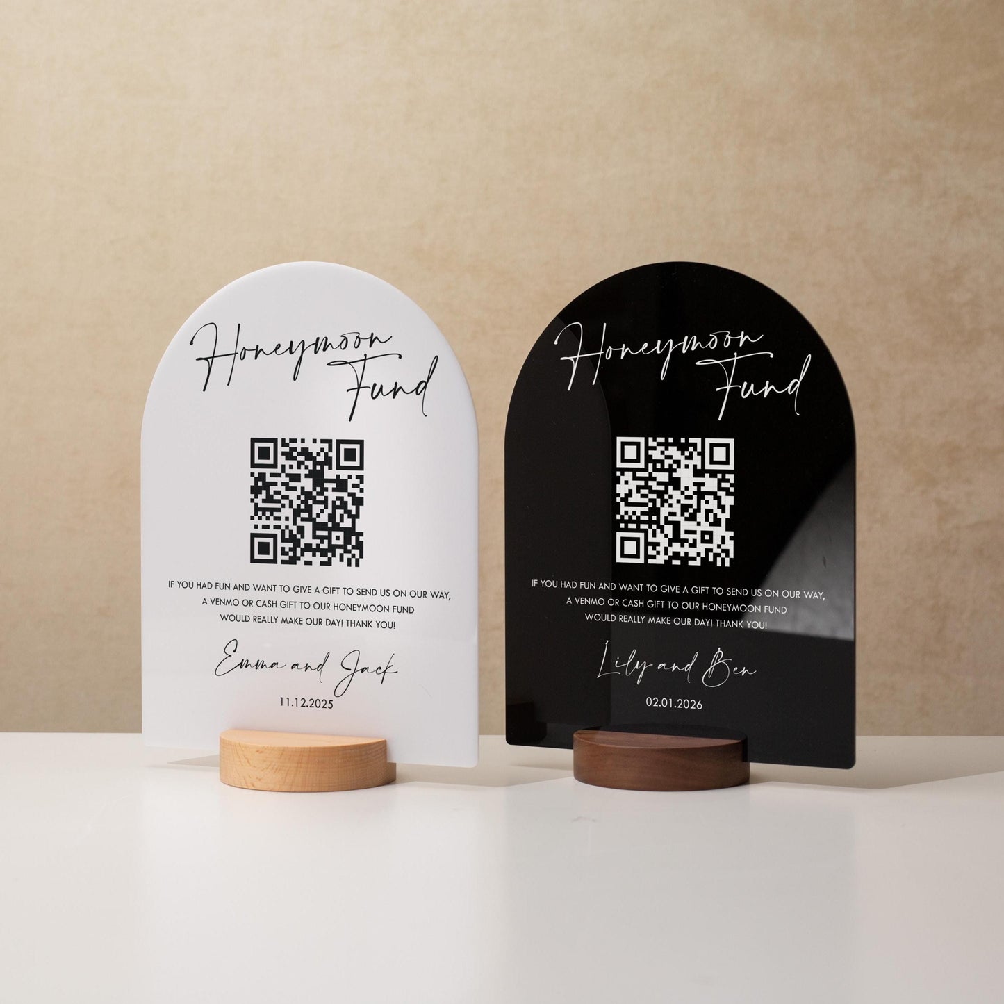 Honeymoon Fund QR Arch Acrylic Sign w/ Round Base (D2) - Scannable QR Code Venmo Zola Cashapp Donation Gifts Decor Wedding Reception Party