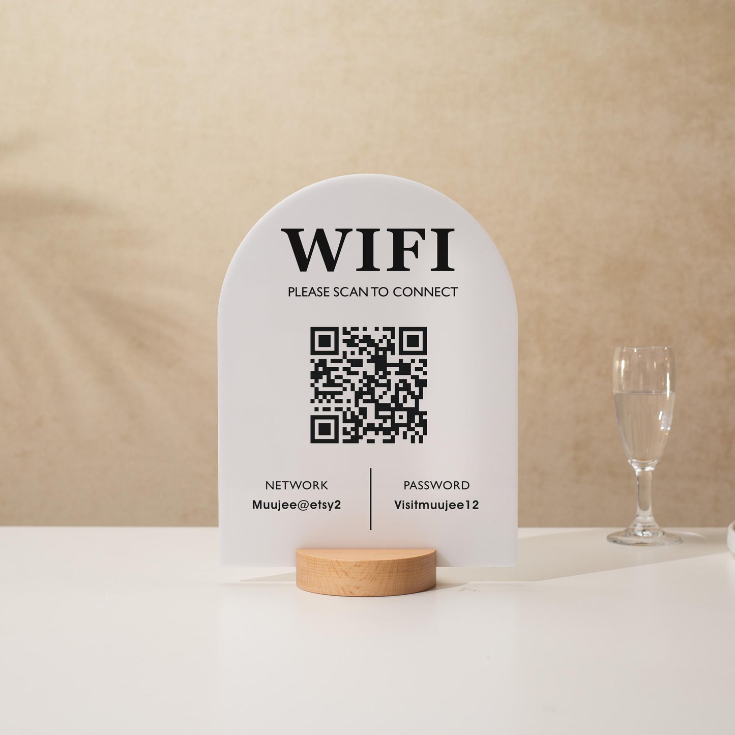 QR Code Wifi Arch Acrylic Sign w/ Round Base (D3) - Scannable Wifi Table Sign Home Airbnb Rental Small Business Office Salon Clinic 6x7.75"