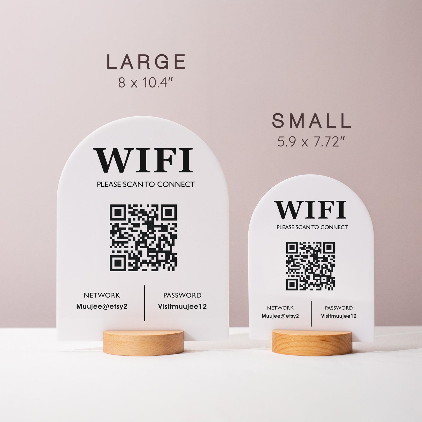 QR Code Wifi Arch Acrylic Sign w/ Round Base (D3) - Scannable Wifi Table Sign Home Airbnb Rental Small Business Office Salon Clinic 6x7.75"