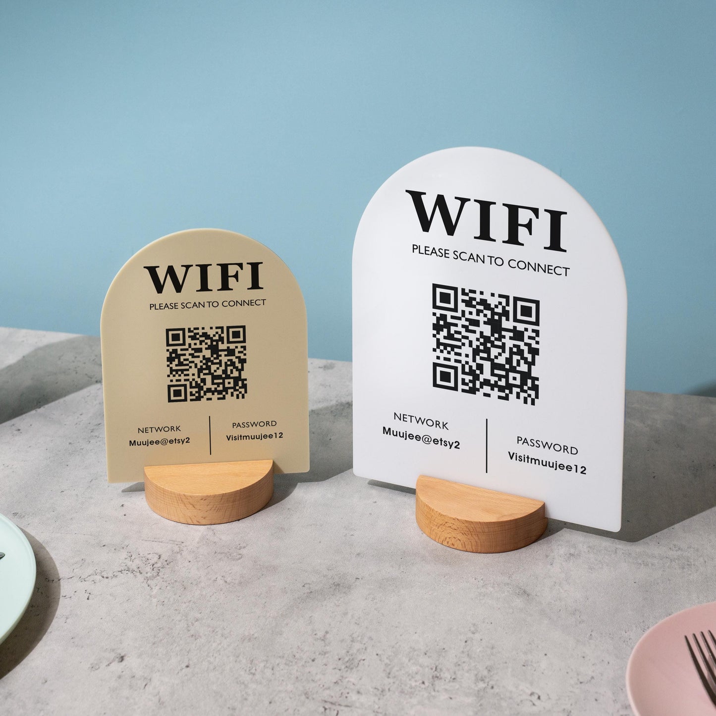 QR Code Wifi Arch Acrylic Sign w/ Round Base (D3) - Scannable Wifi Table Sign Home Airbnb Rental Small Business Office Salon Clinic 6x7.75"
