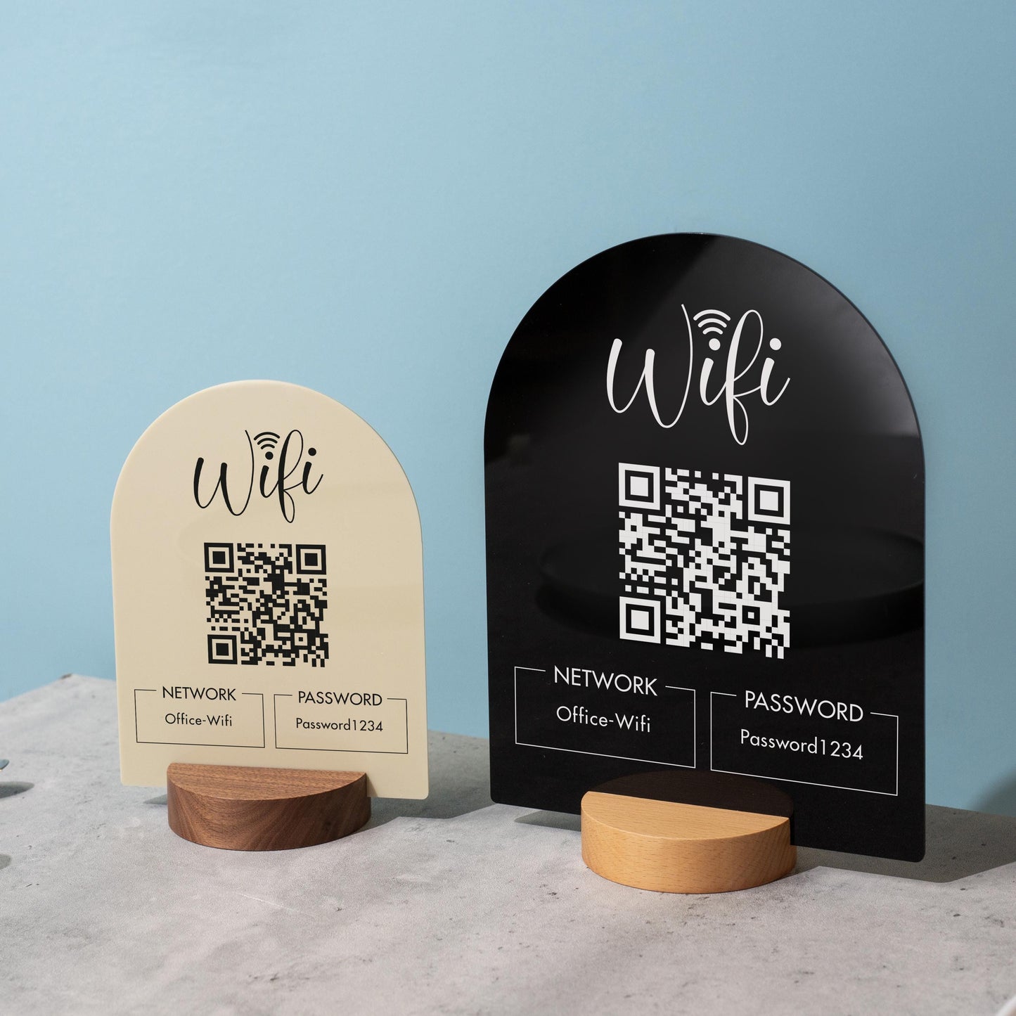QR Code Wifi Arch Acrylic Sign w/ Round Base (D4) - Scannable Wifi Table Sign Home Airbnb Rental Small Business Office Salon Spa Clinic