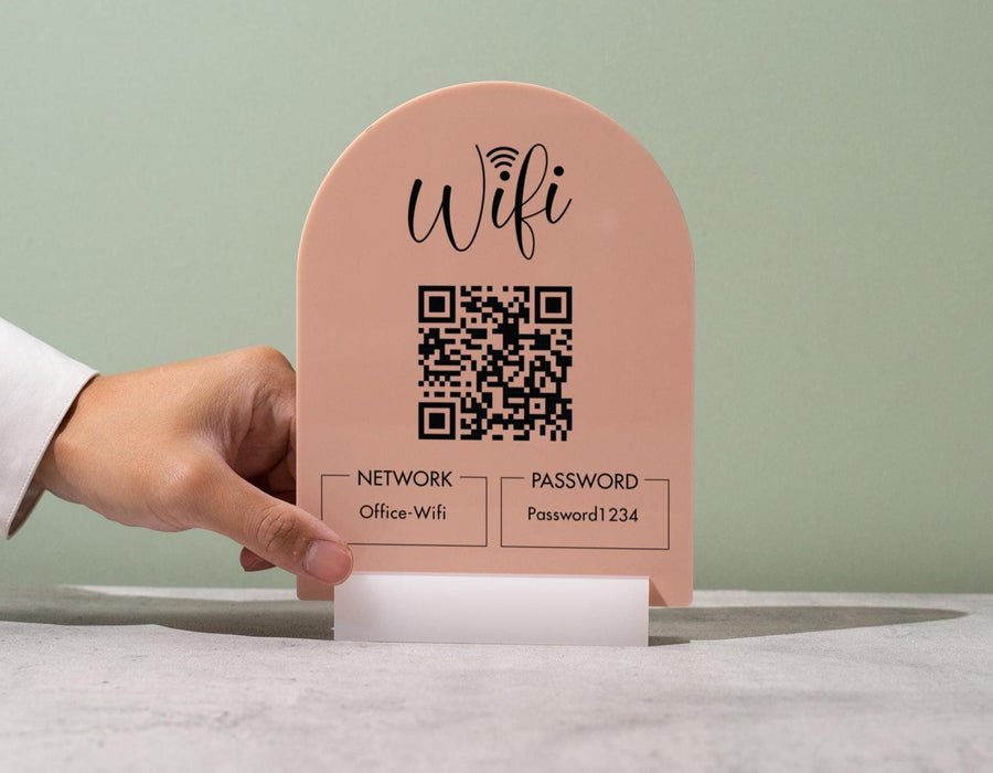 QR Code Wifi Arch Acrylic Sign w/ Base (D4) - Scannable Wifi Table Sign Home Airbnb Rental Small Business Office Salon Spa Clinic