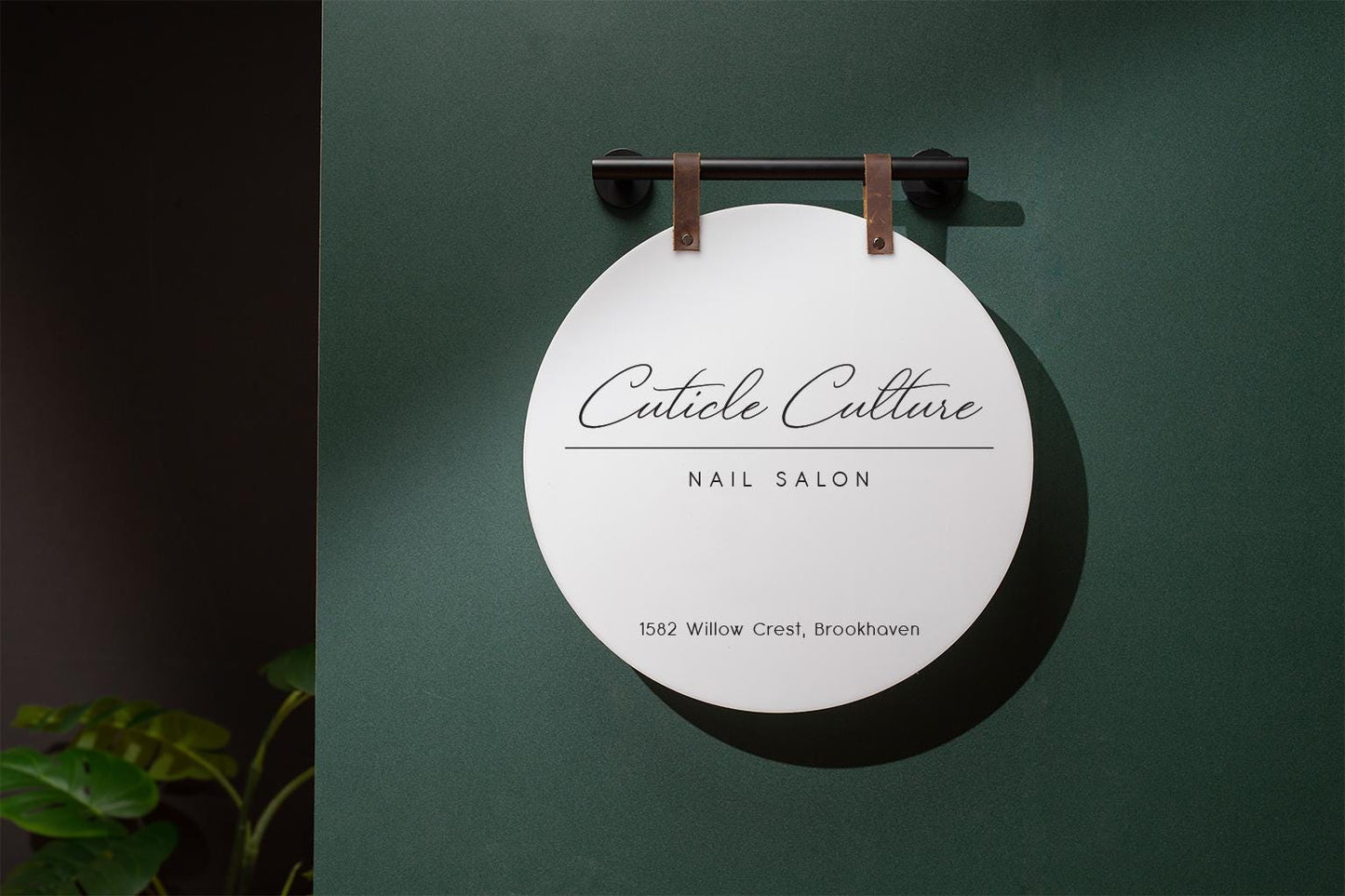 16" Round White Acrylic Sign w/ Mounting Fixtures (D3) - Custom hanging window signage for office rental door small business beauty salon