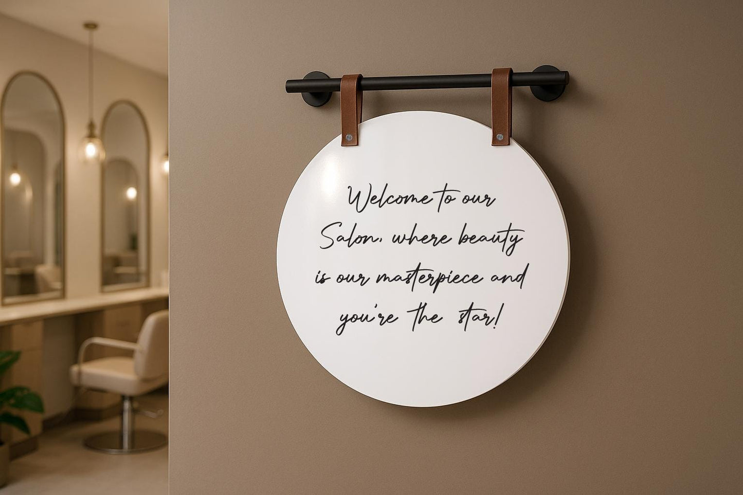 16" Round White Acrylic Sign w/ Mounting Fixtures (D4) - Custom hanging window signage for office rental door small business beauty salon