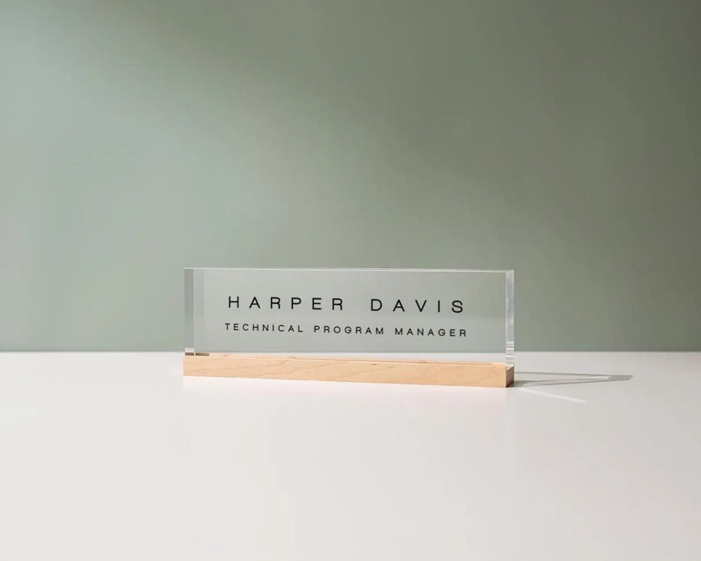 Personalized Acrylic Name Block (D3) - w/ Optional Wooden Base, Minimal Executive Desk CEO Sign, Job Office Decor, Teacher or Promotion Gift