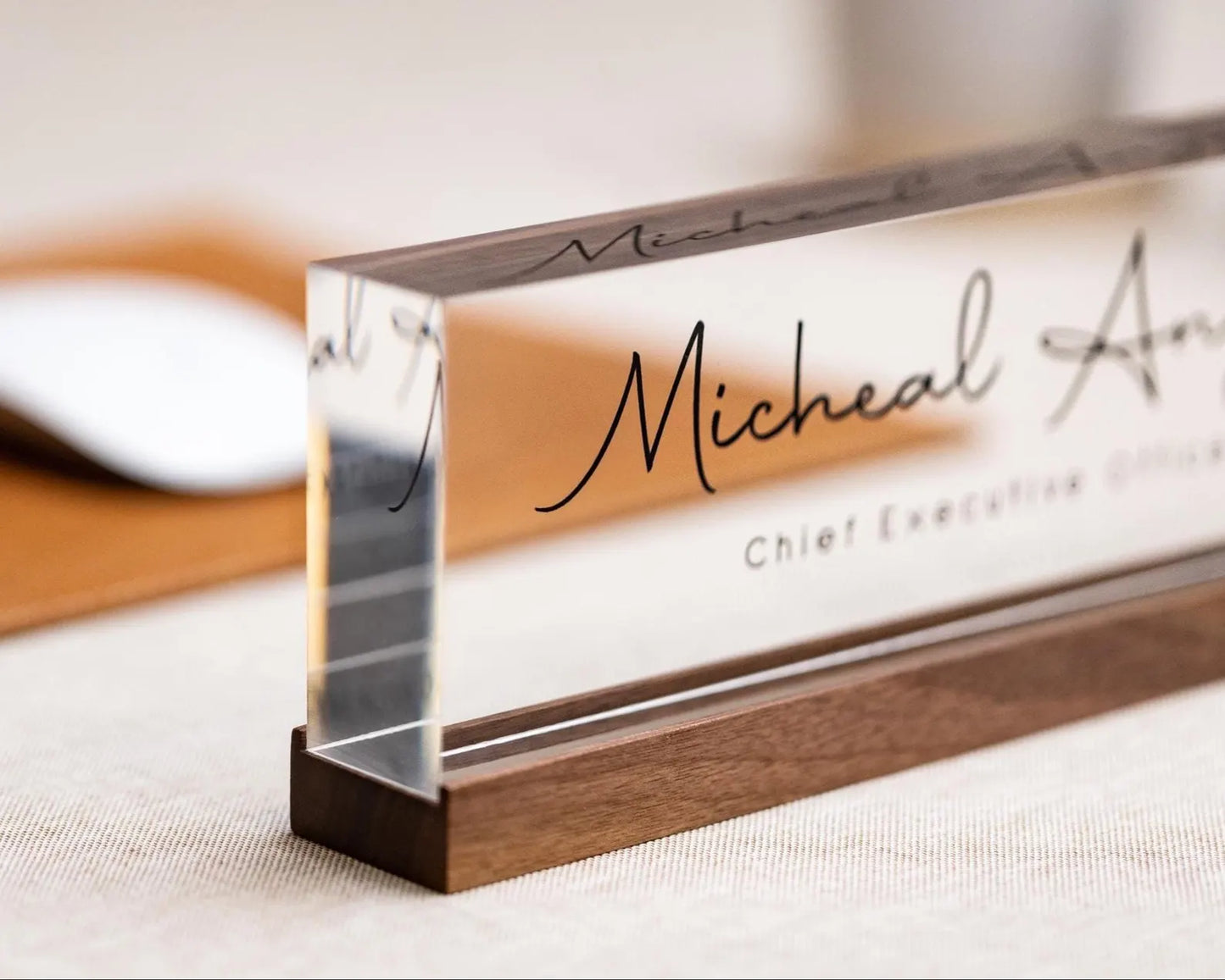 Personalized Acrylic Name Block (D2) - w/ Optional Wooden Base, Minimal Executive Desk CEO Sign, Job Office Decor Teacher Manager Gift