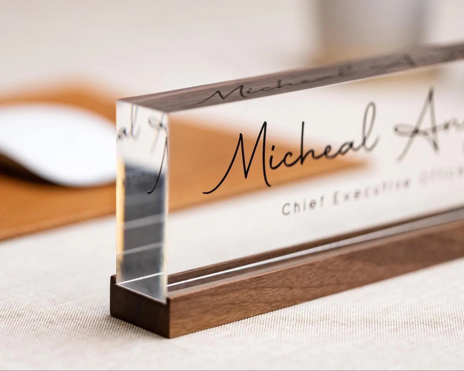 Personalized Acrylic Name Block (D2) - w/ Optional Wooden Base, Minimal Executive Desk CEO Sign, Job Office Decor Teacher Manager Gift