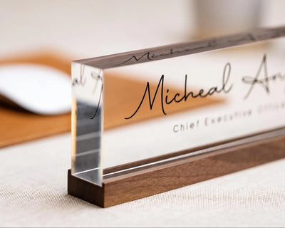 Personalized Acrylic Name Block (D2) - w/ Optional Wooden Base, Minimal Executive Desk CEO Sign, Job Office Decor Teacher Manager Gift