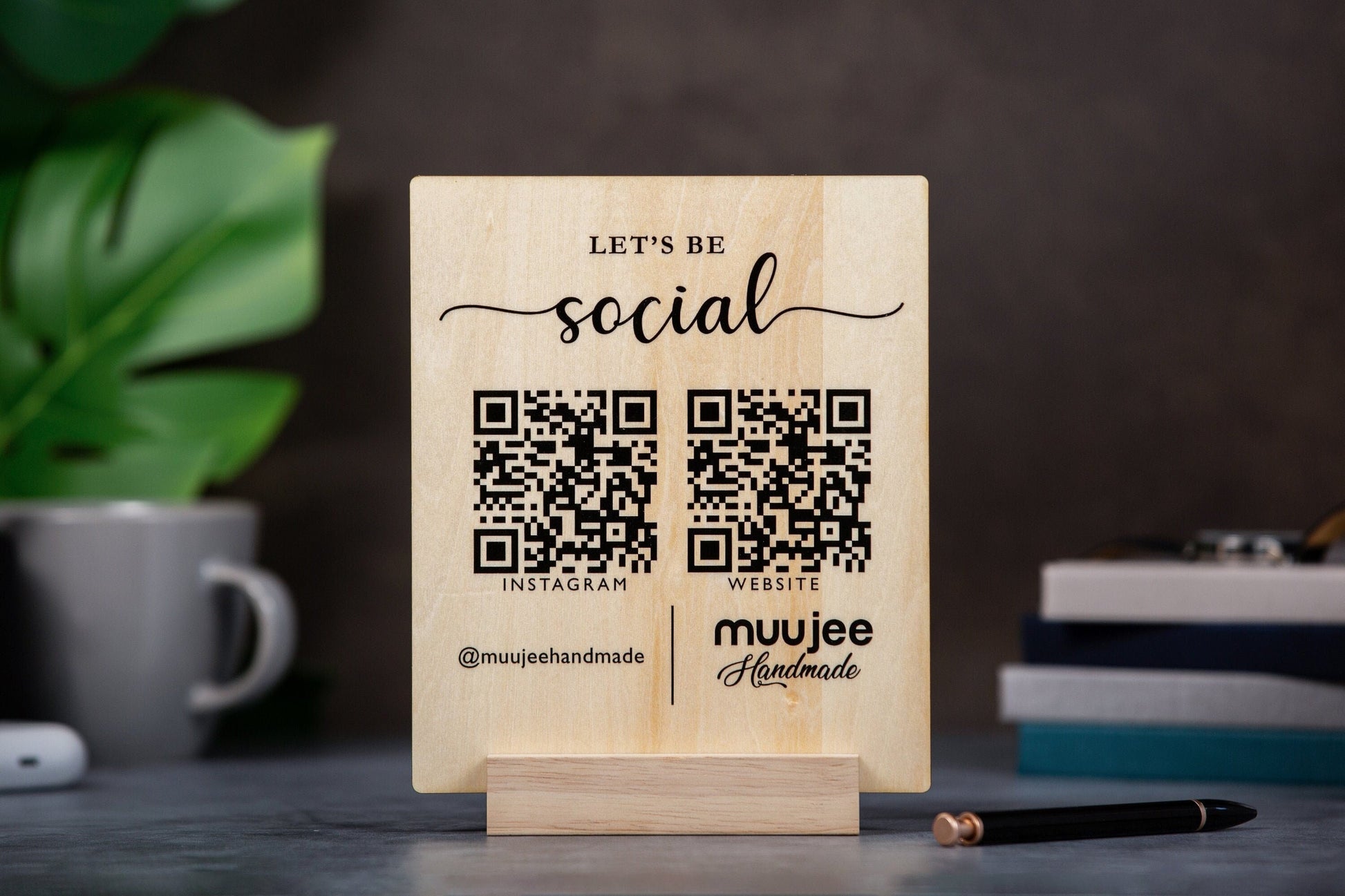 Maple QR Code Social Media Sign w/ Maple Wood Stand - Business Logo Plaque for Pop Up Vendors Weddings Salon Spa Trade Shows Craft Shows