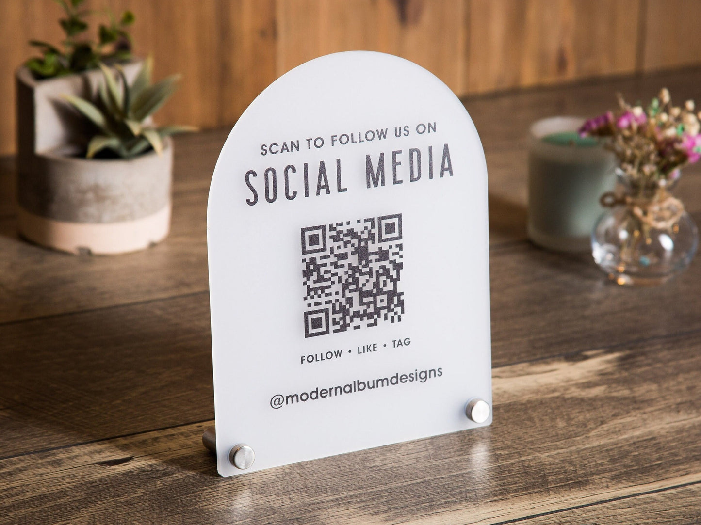 Arched QR Code Social Media Sign - 6x7.75" Scannable Table Desk Signage, Social Media for Small Business, Office Salon Restaurant Bar Signs