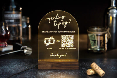 Arched QR Code Sign & Light Up LED Stand (Feeling Tipsy) - Scan for Tips Payment Venmo Paypal Cashapp, Restaurant Bars Small Business Sign
