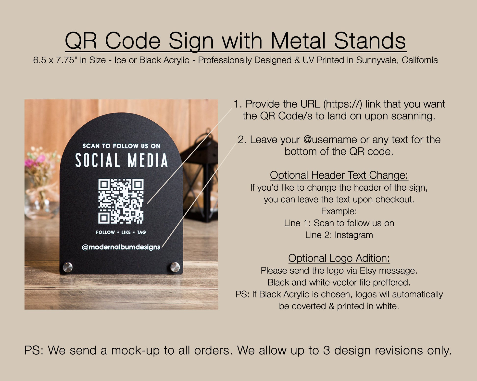 Arched QR Code Social Media Sign - 6x7.75" Scannable Table Desk Signage, Social Media for Small Business, Office Salon Restaurant Bar Signs