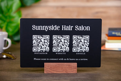3 QR Codes Business Sign w/ Wood Stand - 11.5x7" Scannable Acrylic Instagram Tiktok Website Business Salon Restaurant Bar Reviews Tips Sign