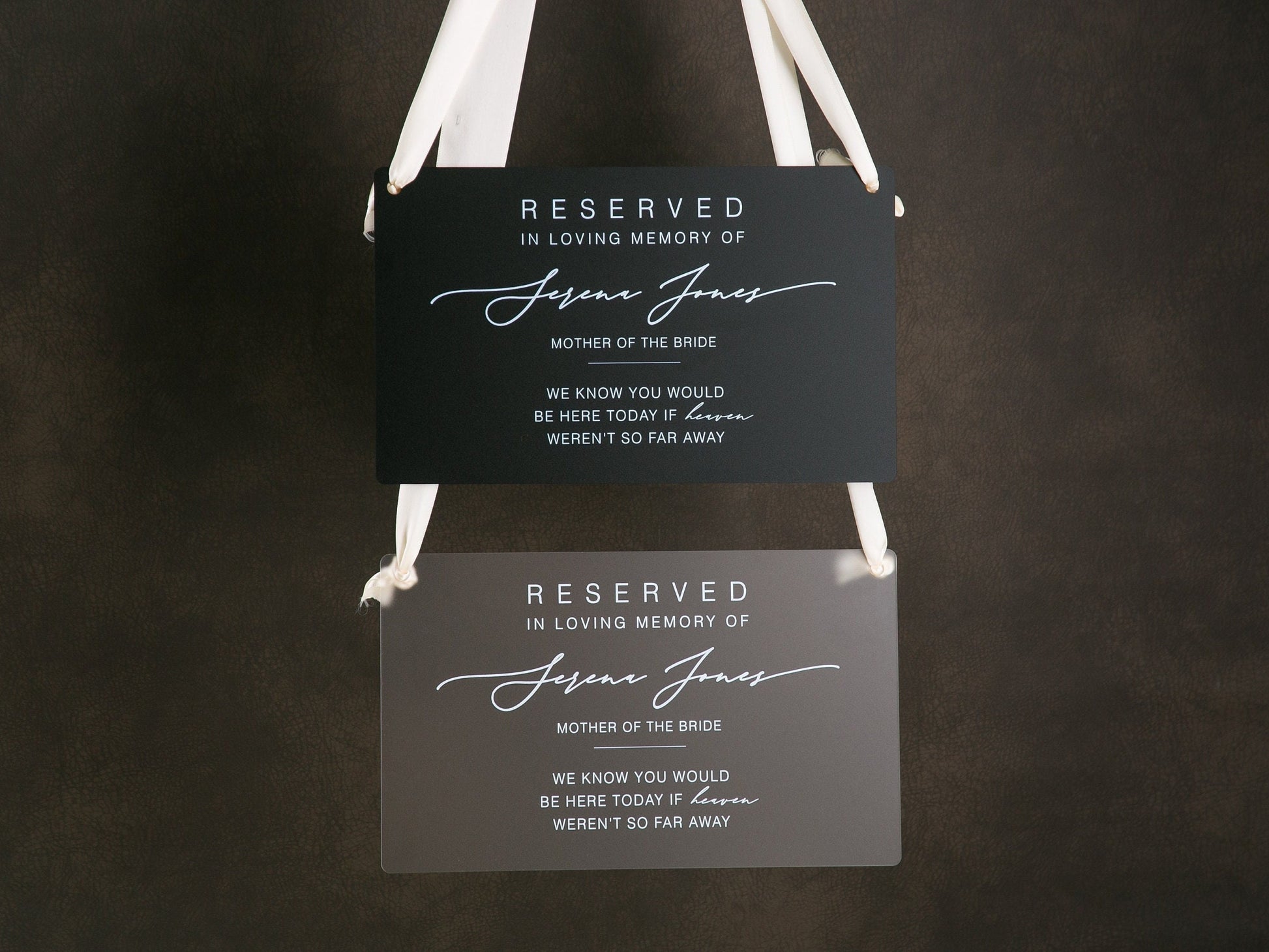 Reserved Hanging Acrylic Sign with Ribbon - Black or Frosted 11.5x7" Sign, In Loving Memory Sign for Wedding Chair Aisle, Memory Table Sign