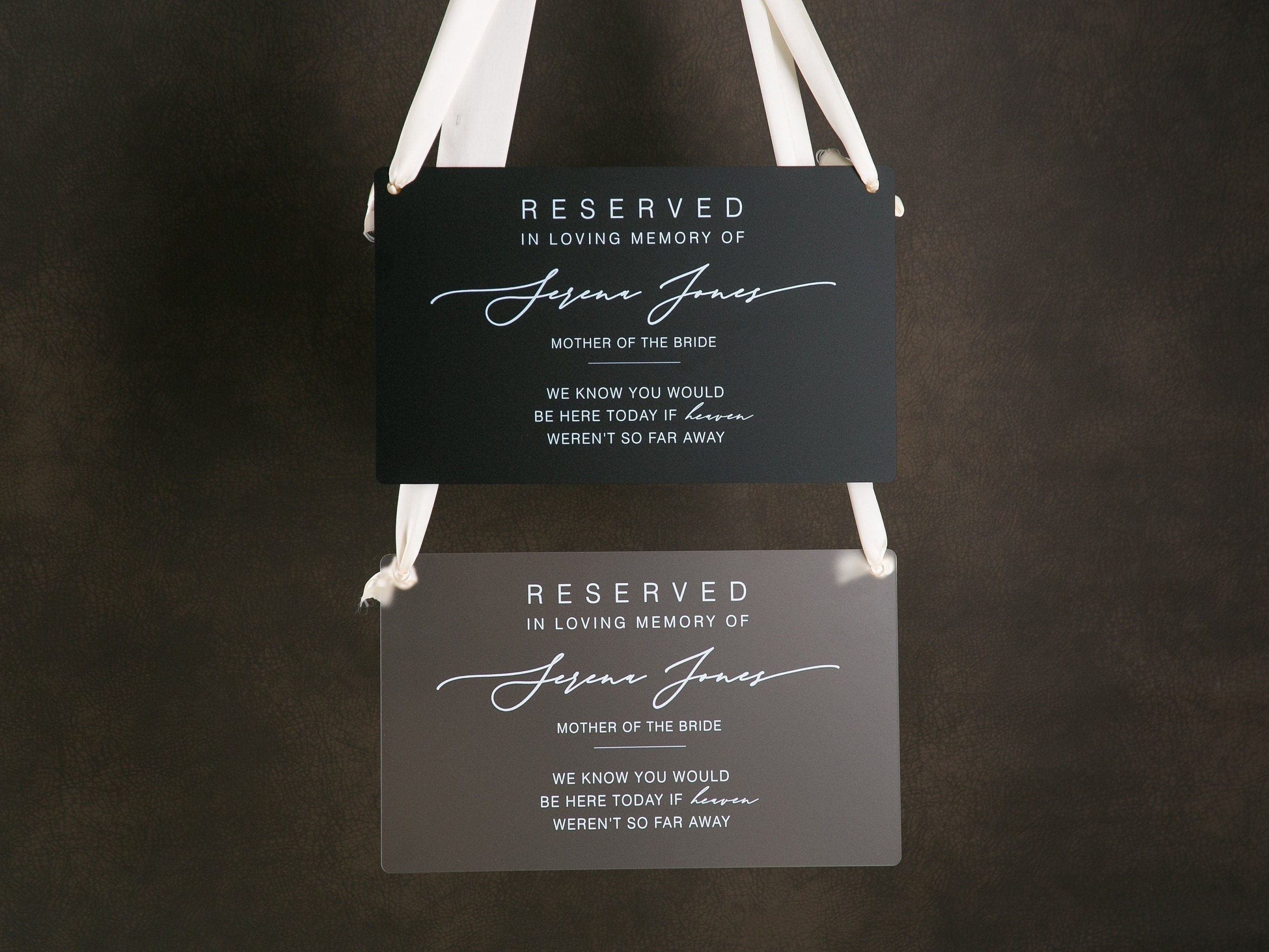 Reserved Hanging Acrylic Sign with Ribbon - Black or Frosted 11.5x7" Sign, In Loving Memory Sign for Wedding Chair Aisle, Memory Table Sign