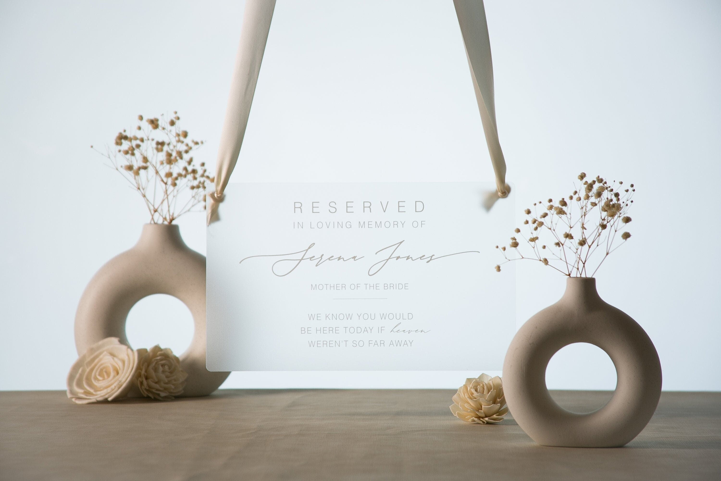 Reserved Hanging Acrylic Sign with Ribbon - Black or Frosted 11.5x7" Sign, In Loving Memory Sign for Wedding Chair Aisle, Memory Table Sign