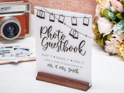 Ice Acrylic Guest Book Sign w/ Wood Stand - 6.5 x 7.75" Photo Guestbook Sign for Table Decor, Signage for Guest Book, Modern Wedding