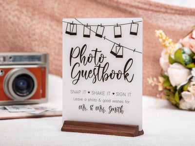 Ice Acrylic Guest Book Sign w/ Wood Stand - 6.5 x 7.75" Photo Guestbook Sign for Table Decor, Signage for Guest Book, Modern Wedding