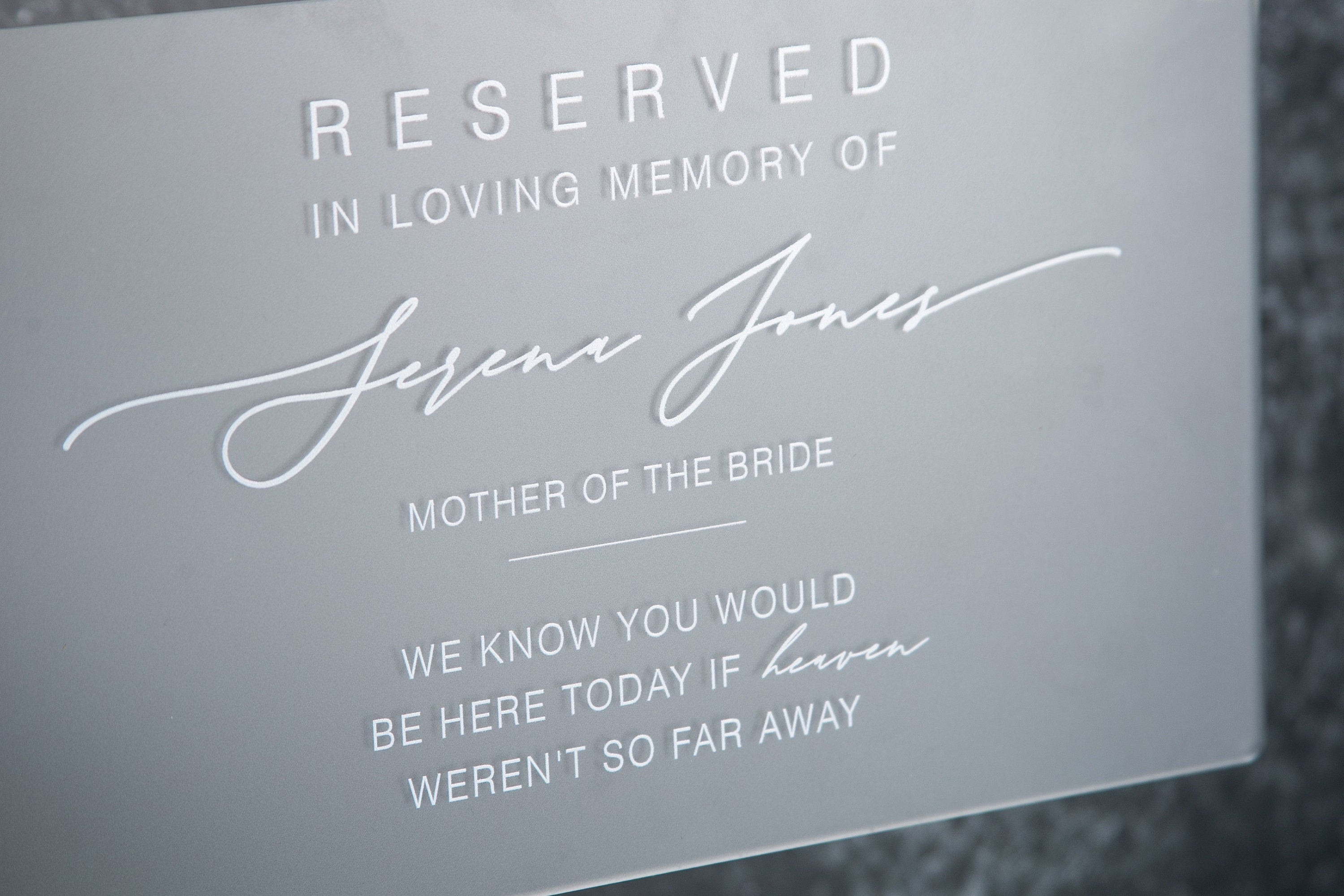 Reserved Acrylic Sign with Wood Stand - Personalized In Loving Memory Sign for Wedding Chair Aisle Seat Saver Memorial Banner Loss In Honor