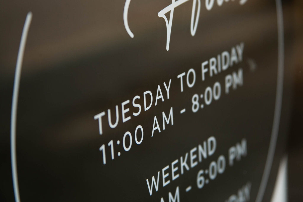 Round Hanging Acrylic Sign (Store Hours) w/ White Rope - custom signage for office home rental door, small business, spa salon working signs