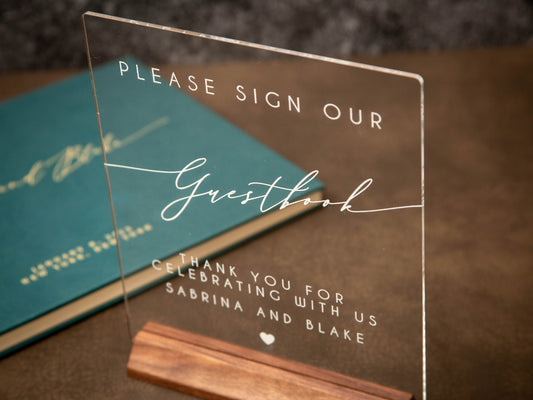 Clear Acrylic Guest Book Sign w/ Wood Stand - 6.5 x 7.75" Please Sign Our Guestbook Sign for Table Decor, Signage for Guest Book